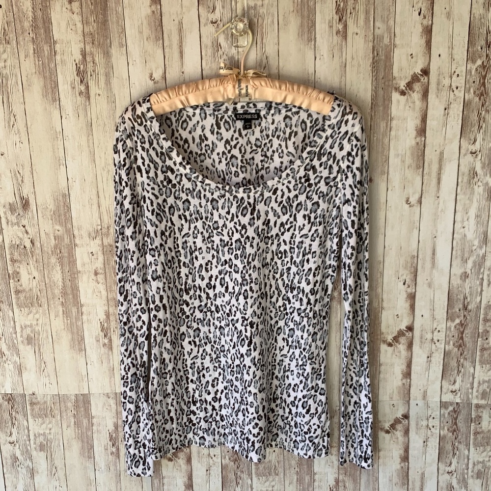 Express Black White Leopard Sheer Top L